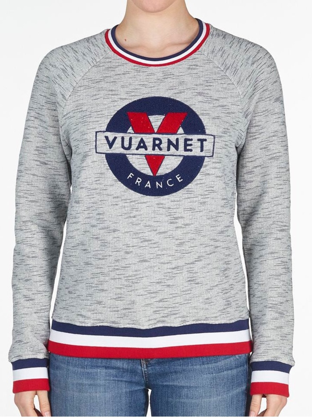 Vuarnet Light Grey Crewneck Sweater with Navy & Red Logo Trim | Size Small